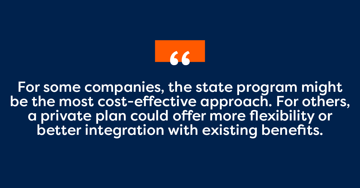 For some companies, the state program might be the most cost-effective approach. For others, a private plan could offer more flexibility or better integration with existing benefits.